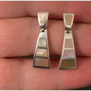 Vintage Sterling Silver Pink Mother Of Pearl Earrings Pierced Dangle Drop MOP